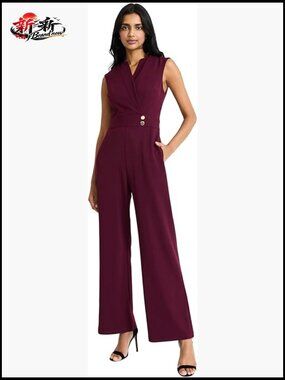 Sleeveless Wide-leg Jumpsuit with V-neck Wrap Bodice and Fitted Waist